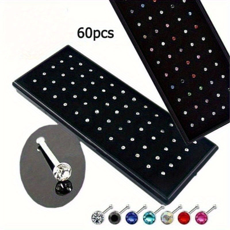 60pcs/set Fashion Rhinestone Nose Studs, Women's Daily Wear Stainless Steel Nose Ring, Holiday Banquet Jewelry Accessories